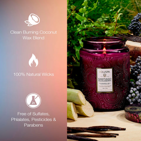 Voluspa Santiago Huckleberry 18 oz jar emphasises long burn time and aroma