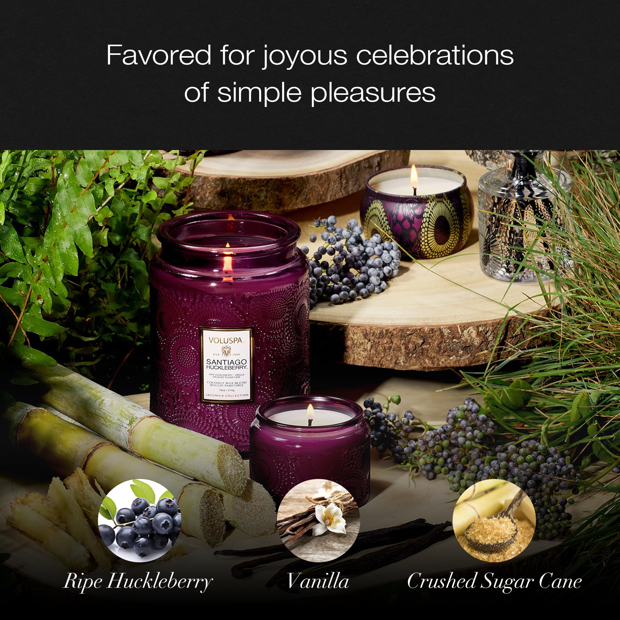 Voluspa Santiago Huckleberry jar highlights citrus and vanilla notes during evening relaxation