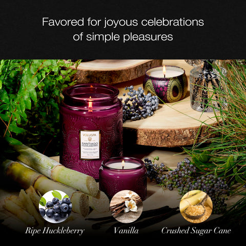 Voluspa Santiago Huckleberry jar highlights citrus and vanilla notes during evening relaxation