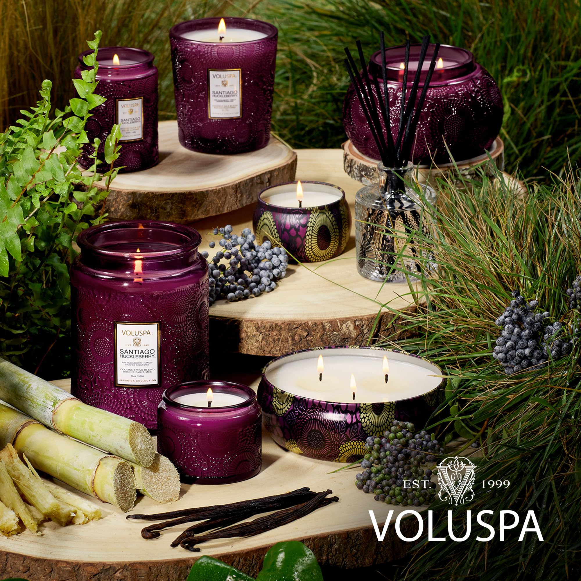 Voluspa Santiago Huckleberry packaging and floral-print jar adds decorative charm