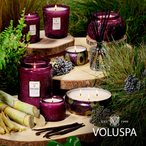 Voluspa Santiago Huckleberry packaging and floral-print jar adds decorative charm
