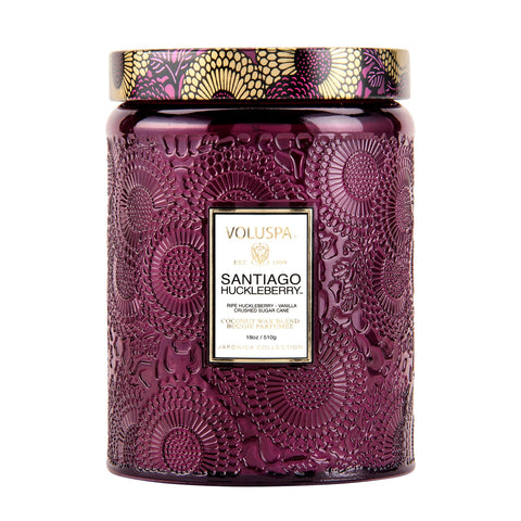 Voluspa Santiago Huckleberry jar candle close-up showing coconut wax for clean, even burn