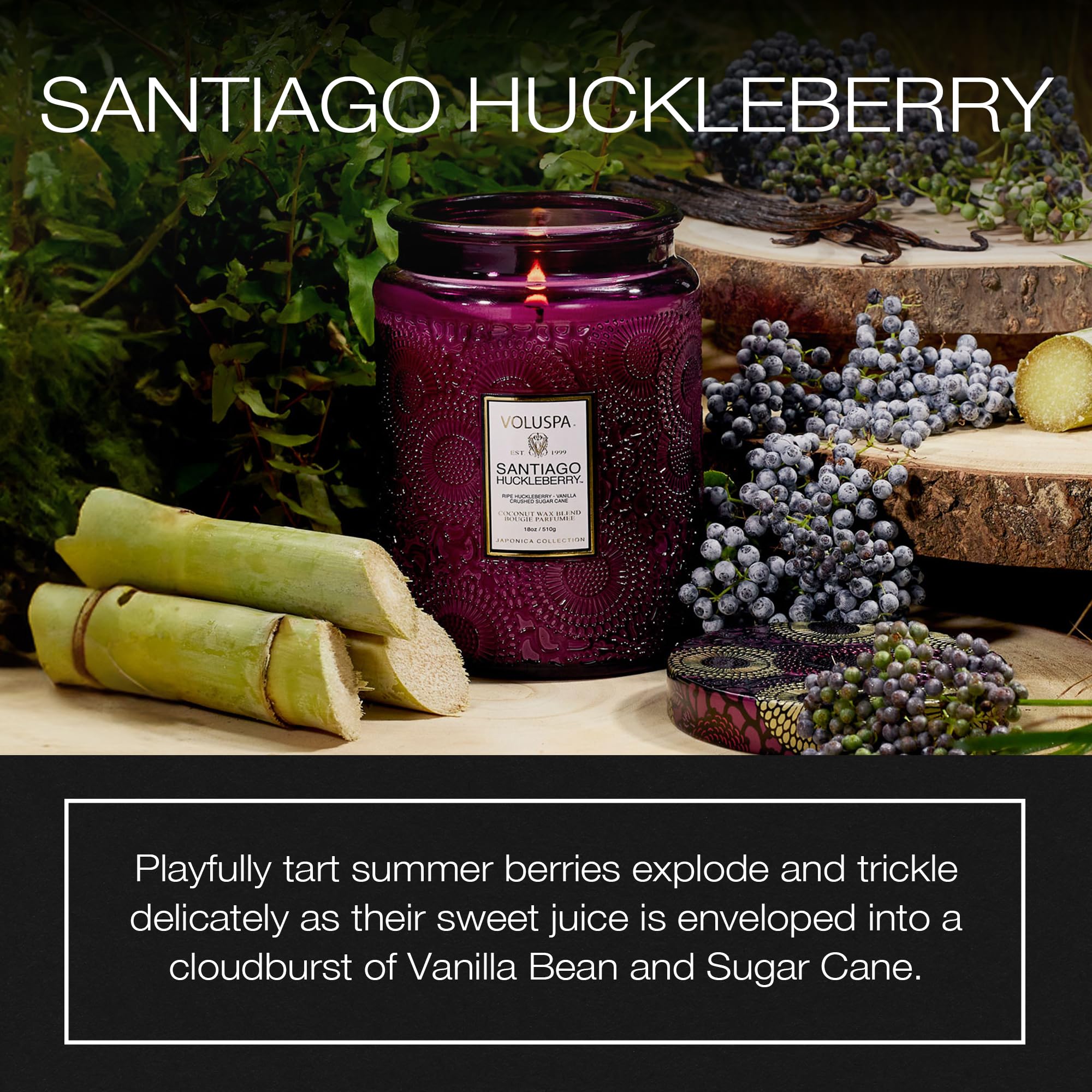 Voluspa Santiago Huckleberry flame with decorative jar enhancing cozy ambiance