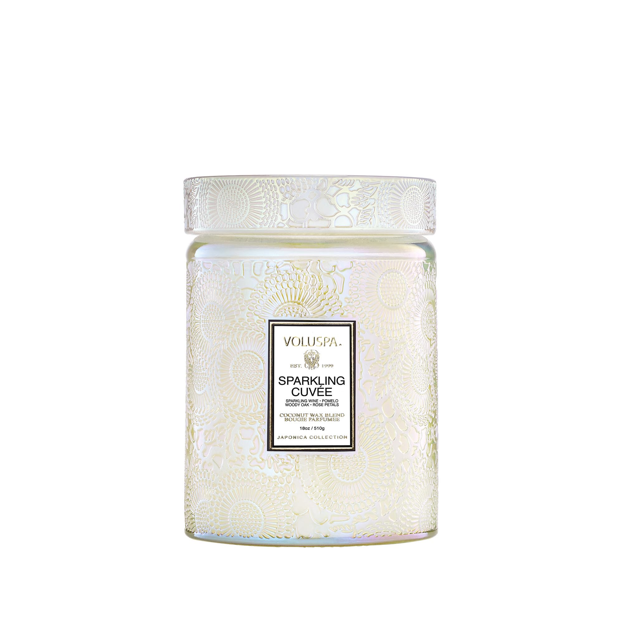Voluspa Sparkling Cuvee candle jar showcases elegant design for stylish home ambiance.