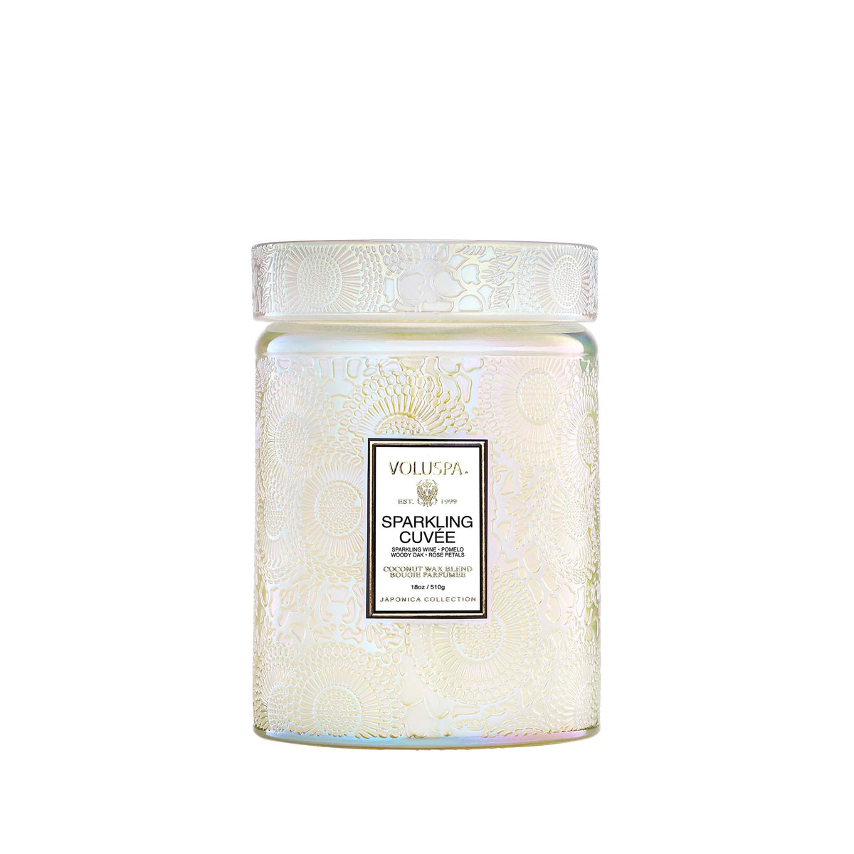 Voluspa Sparkling Cuvee candle jar showcases elegant design for stylish home ambiance.