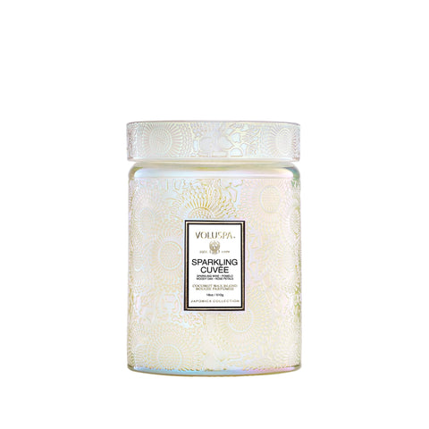 Voluspa Sparkling Cuvee candle jar showcases elegant design for stylish home ambiance.