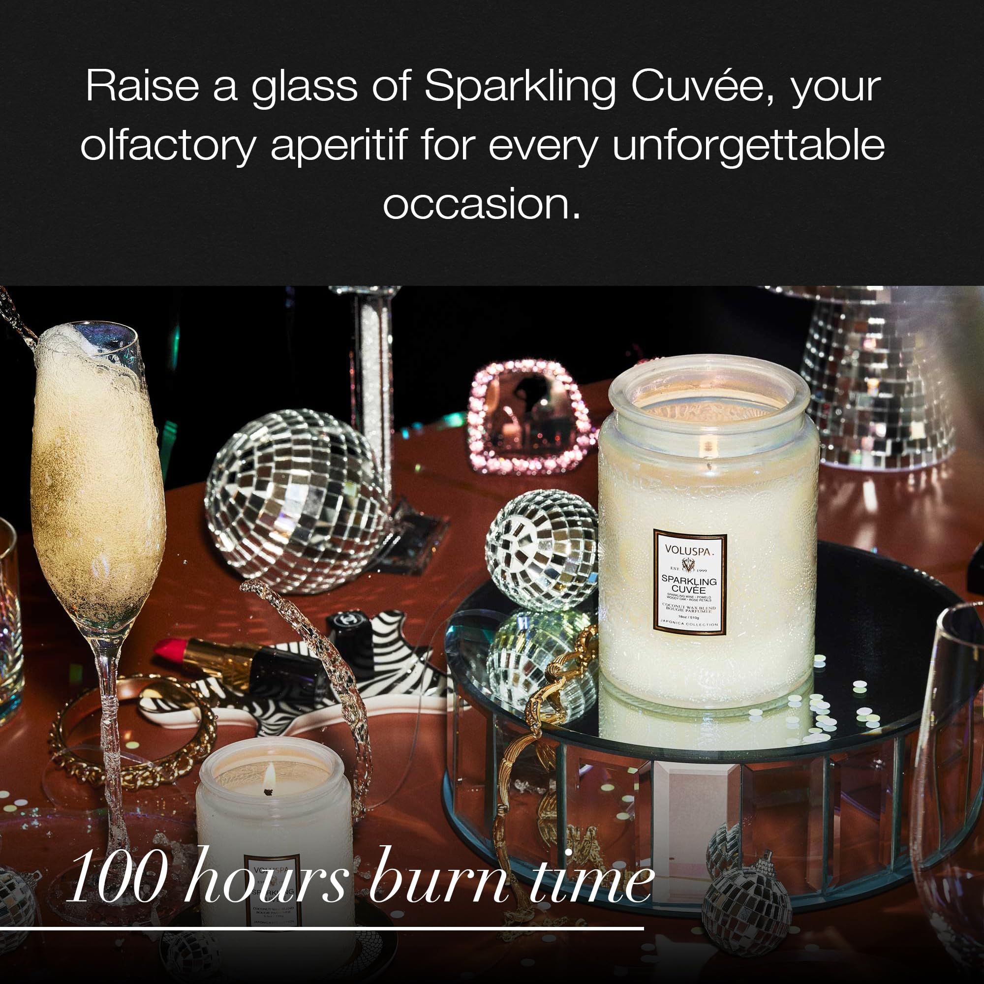 Gift-ready Voluspa Sparkling Cuvee candle in decorative jar.