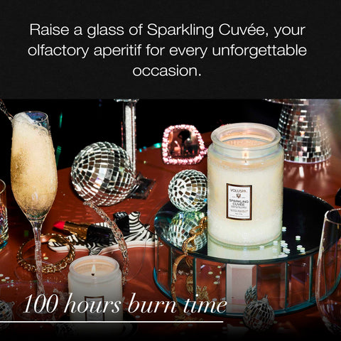 Gift-ready Voluspa Sparkling Cuvee candle in decorative jar.