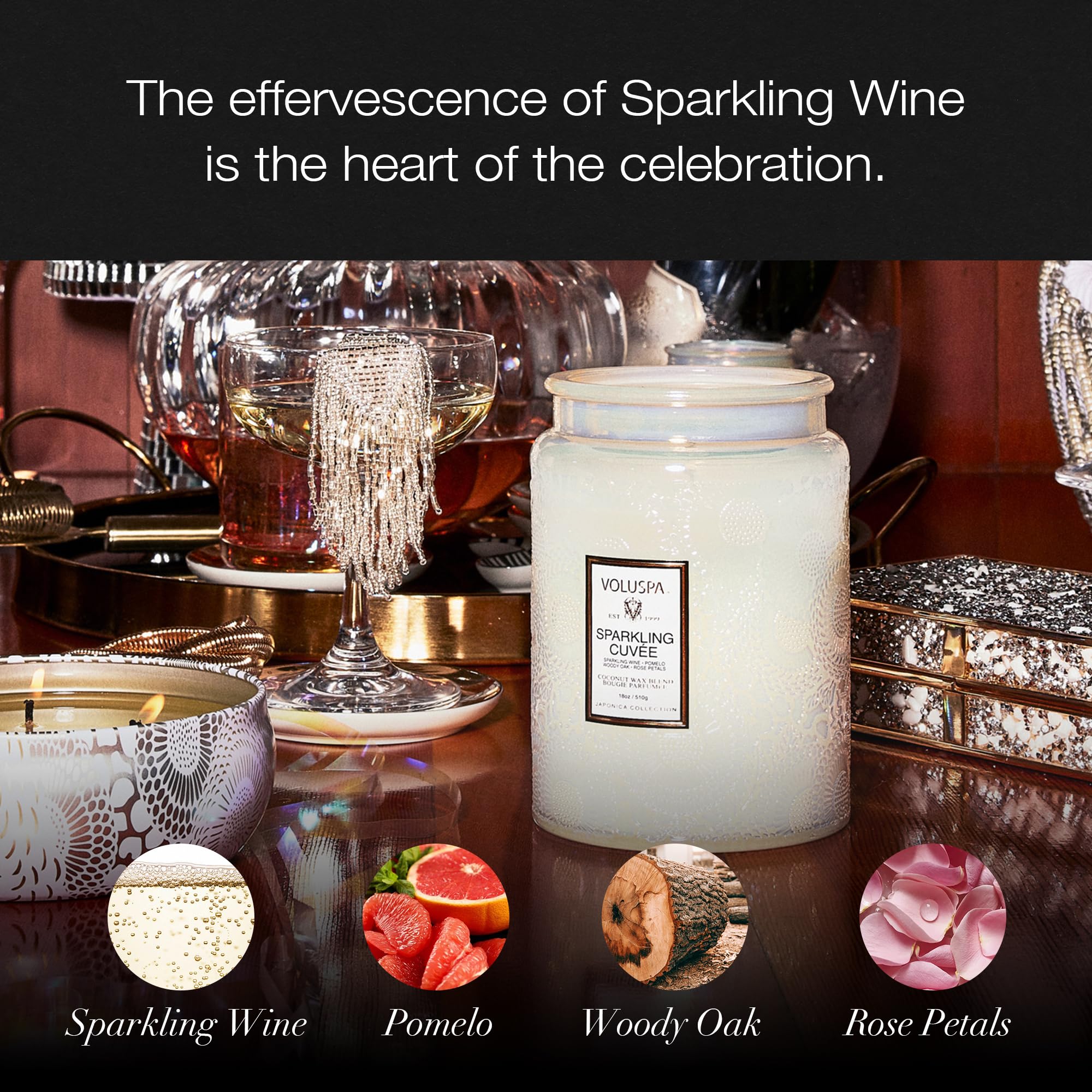 Voluspa Sparkling Cuvee label close-up highlighting citrus and floral notes.