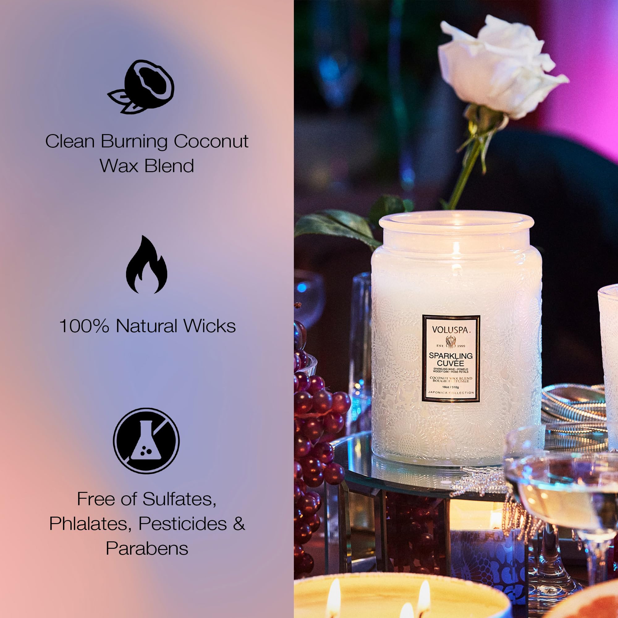 Rose petals and citrus notes deliver a balanced Sparkling Cuvee fragrance.