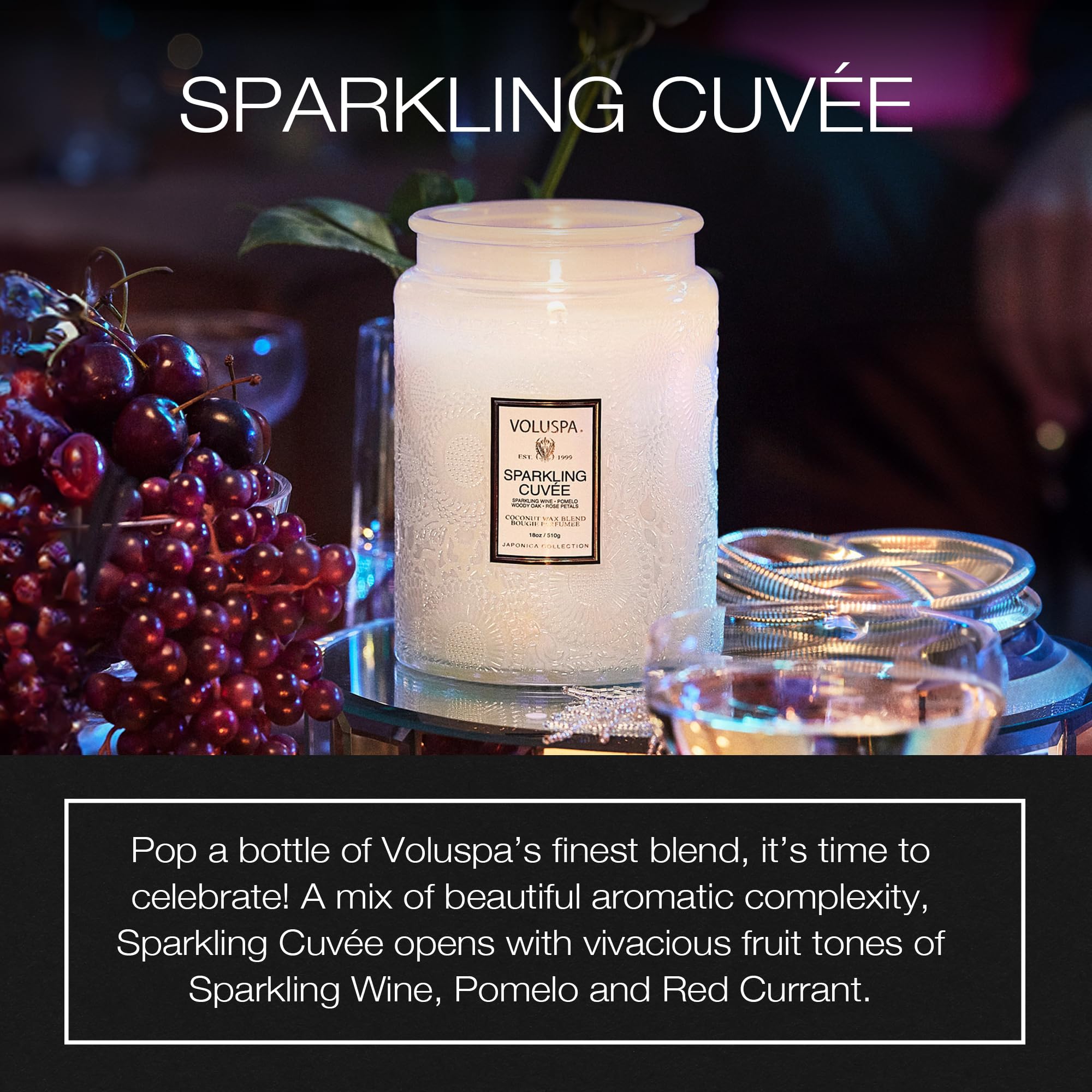 Voluspa Sparkling Cuvee coconut wax detail for a cleaner burn.
