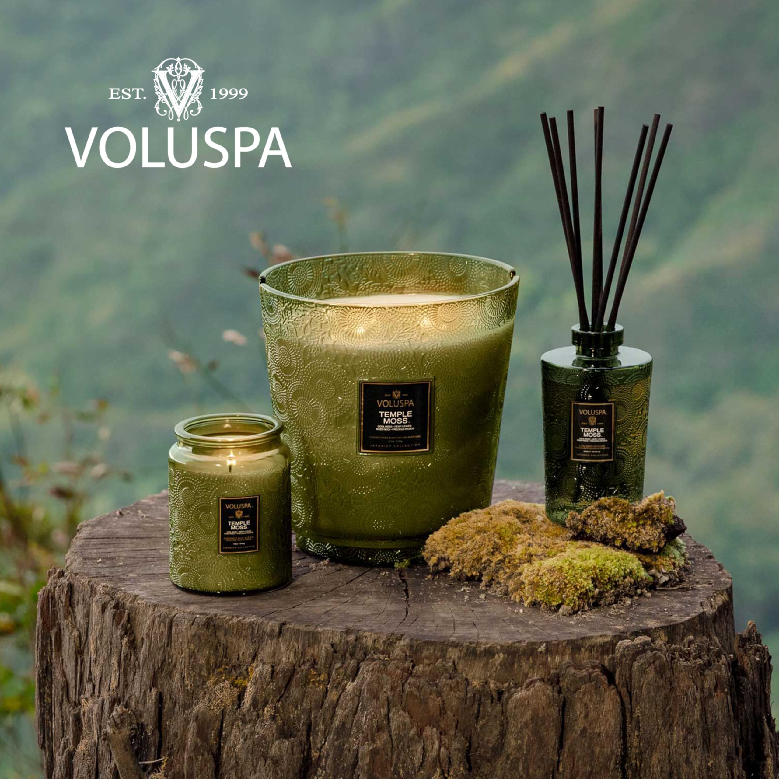Voluspa Temple Moss 18oz candle, decorative gift for home lovers.
