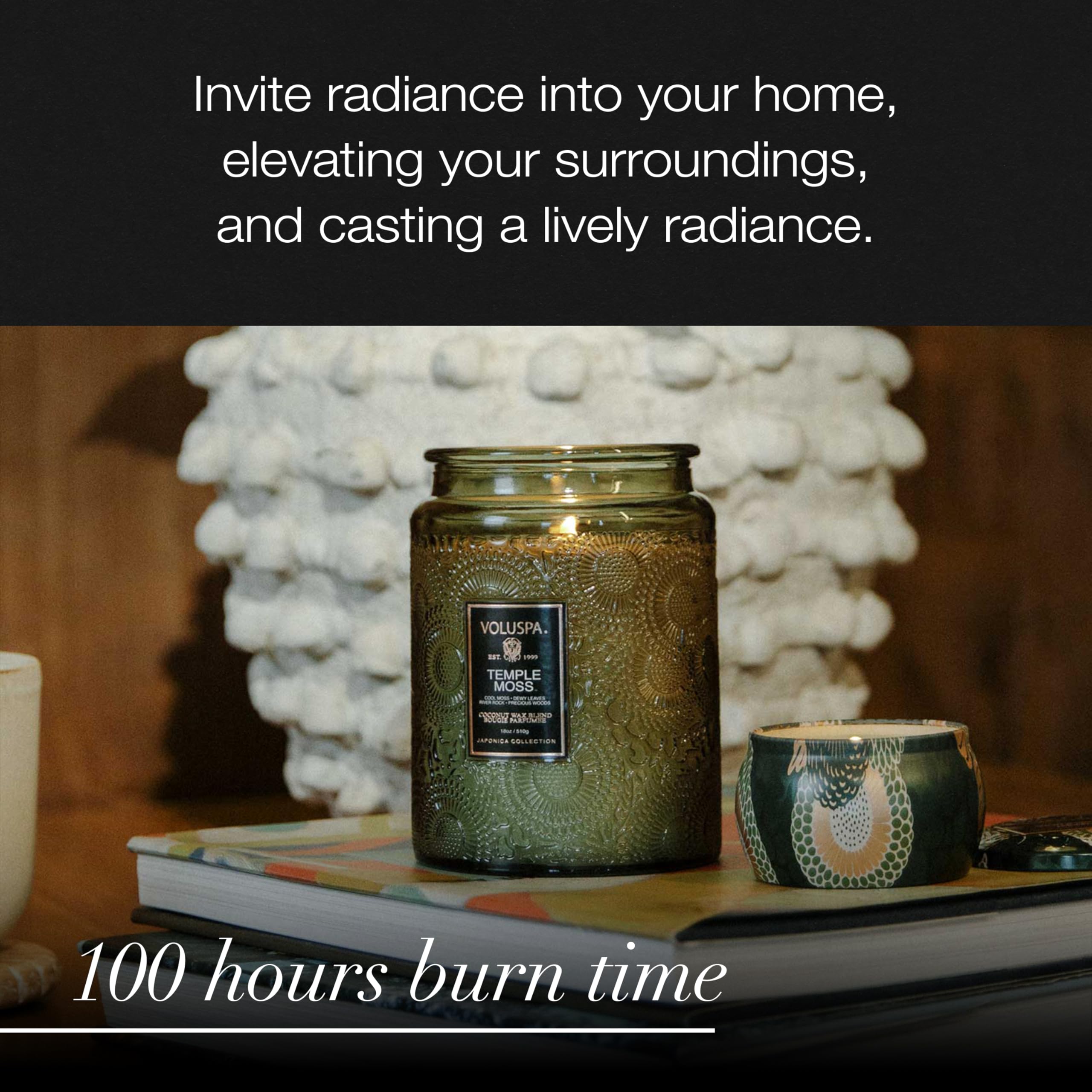 Voluspa Temple Moss burn-time image, 100-hour candle for extended fragrance.