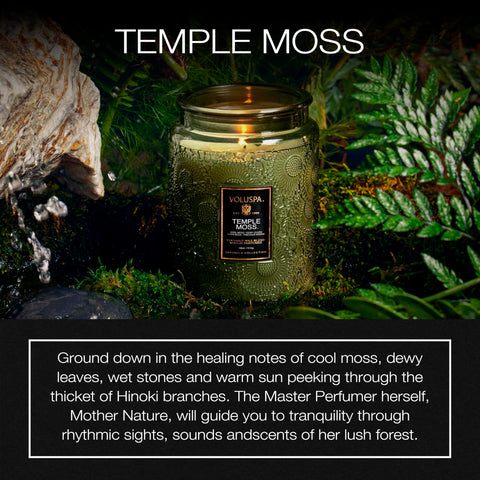 Voluspa Temple Moss candle jar label close-up, premium decor and long-lasting aroma.
