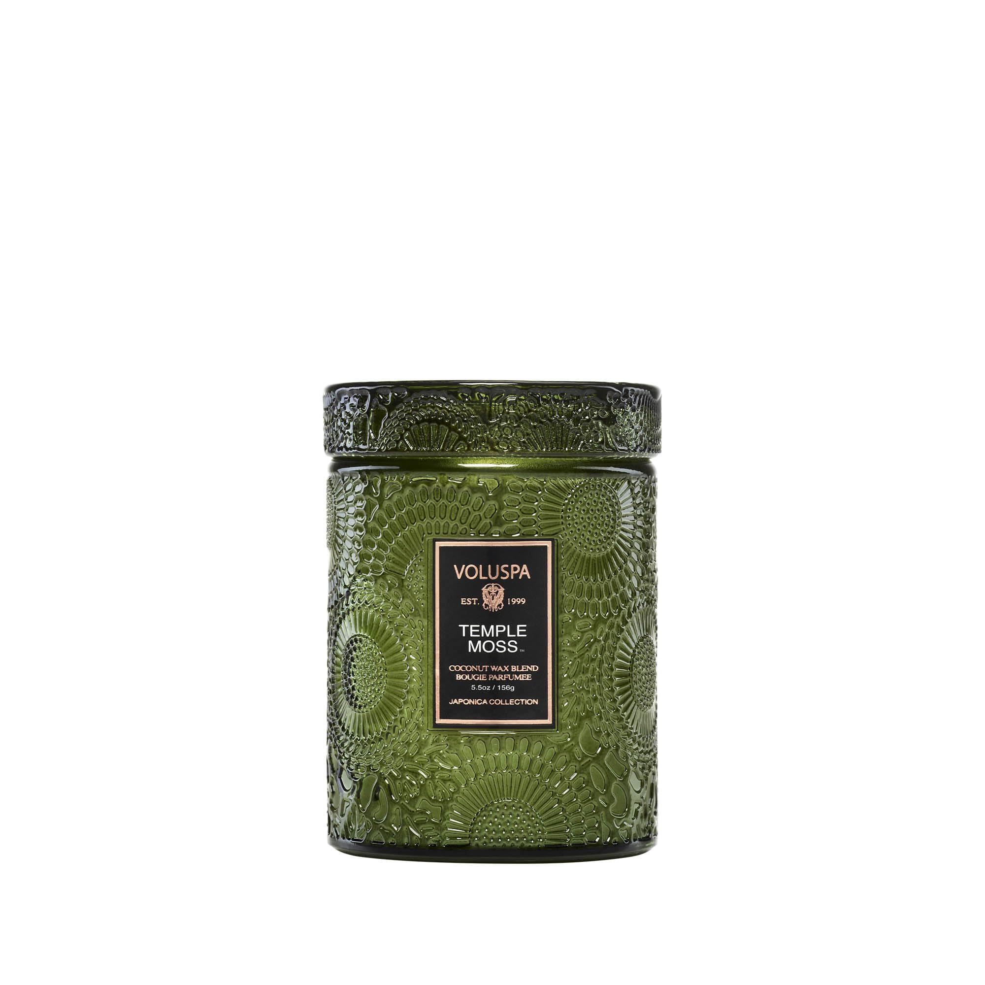 Voluspa Temple Moss glass jar candle front view fills room with earthy aroma