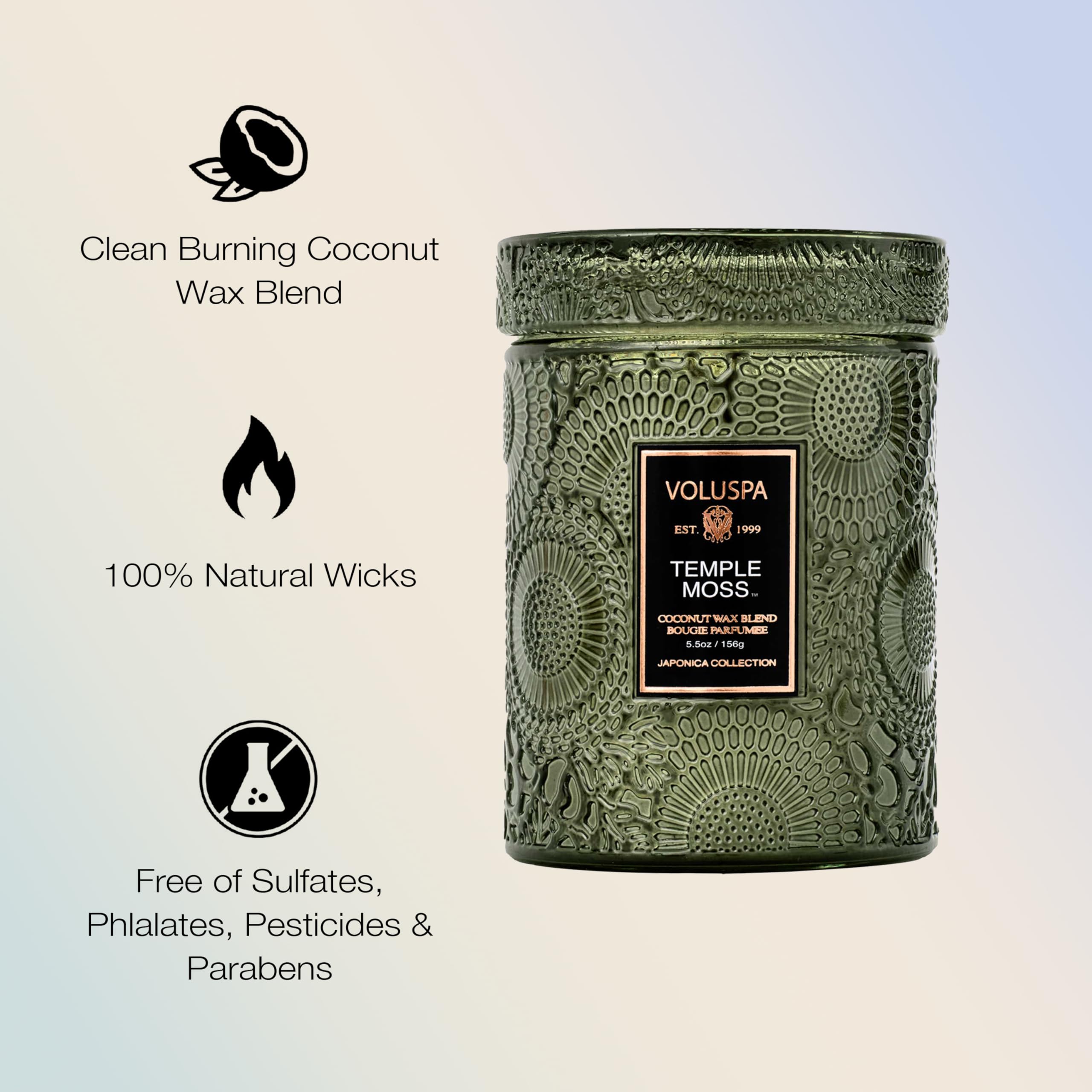 Temple Moss candle burning with even melt pool for extended aroma