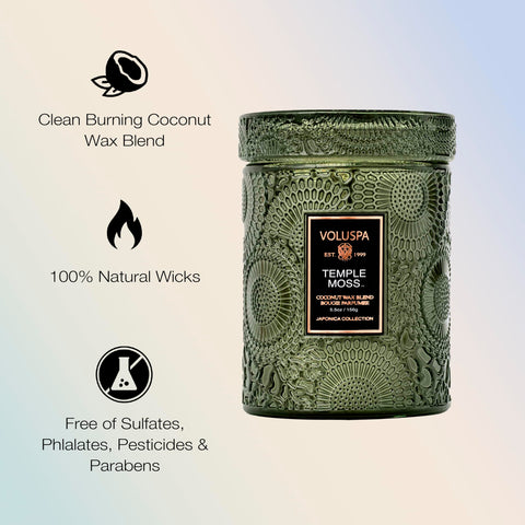 Temple Moss candle burning with even melt pool for extended aroma