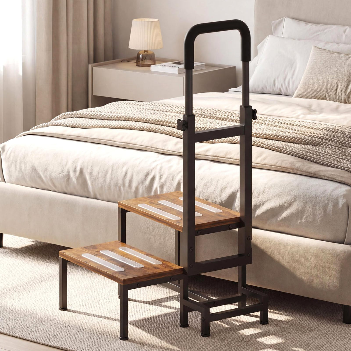 VonDream 2-Tier Step Stool full view in brown, designed for safe bed access.