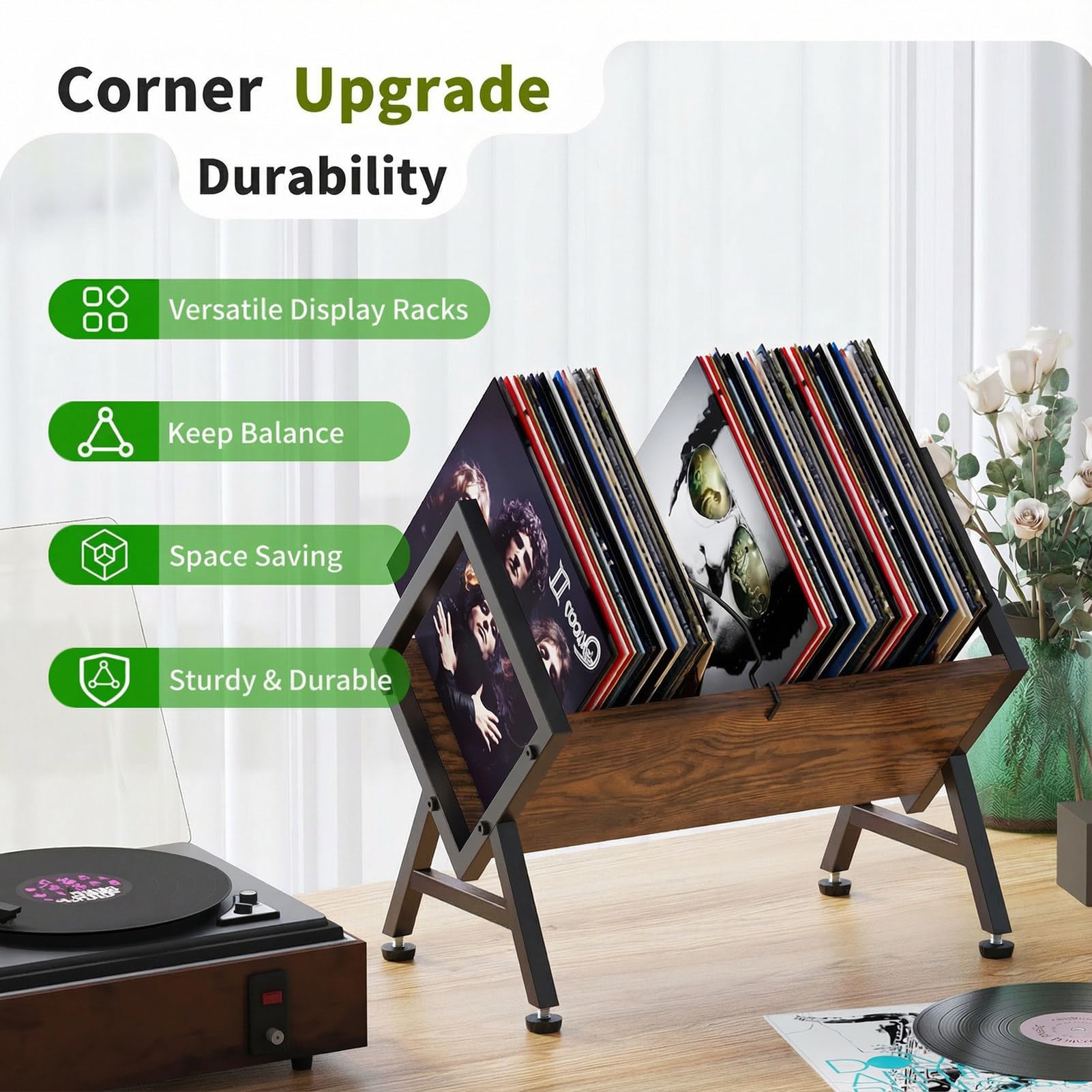VonDream space-saving record rack frees floor space while organizing your collection.