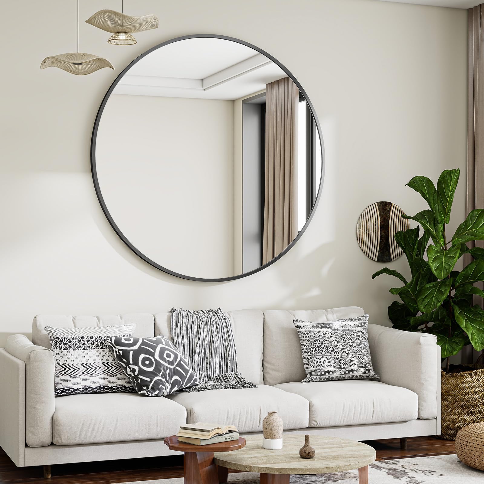 VooBang 48-inch round mirror wall-mount shows modern design for hallways and living spaces