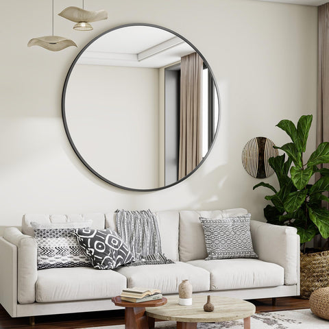VooBang 48-inch round mirror wall-mount shows modern design for hallways and living spaces