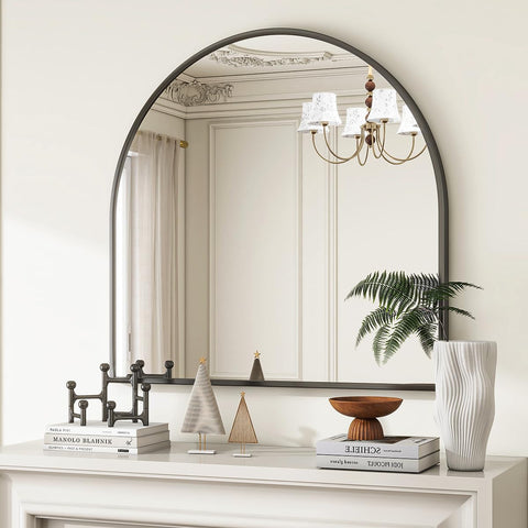 VooBang black arch mirror frame adds modern bathroom elegance.