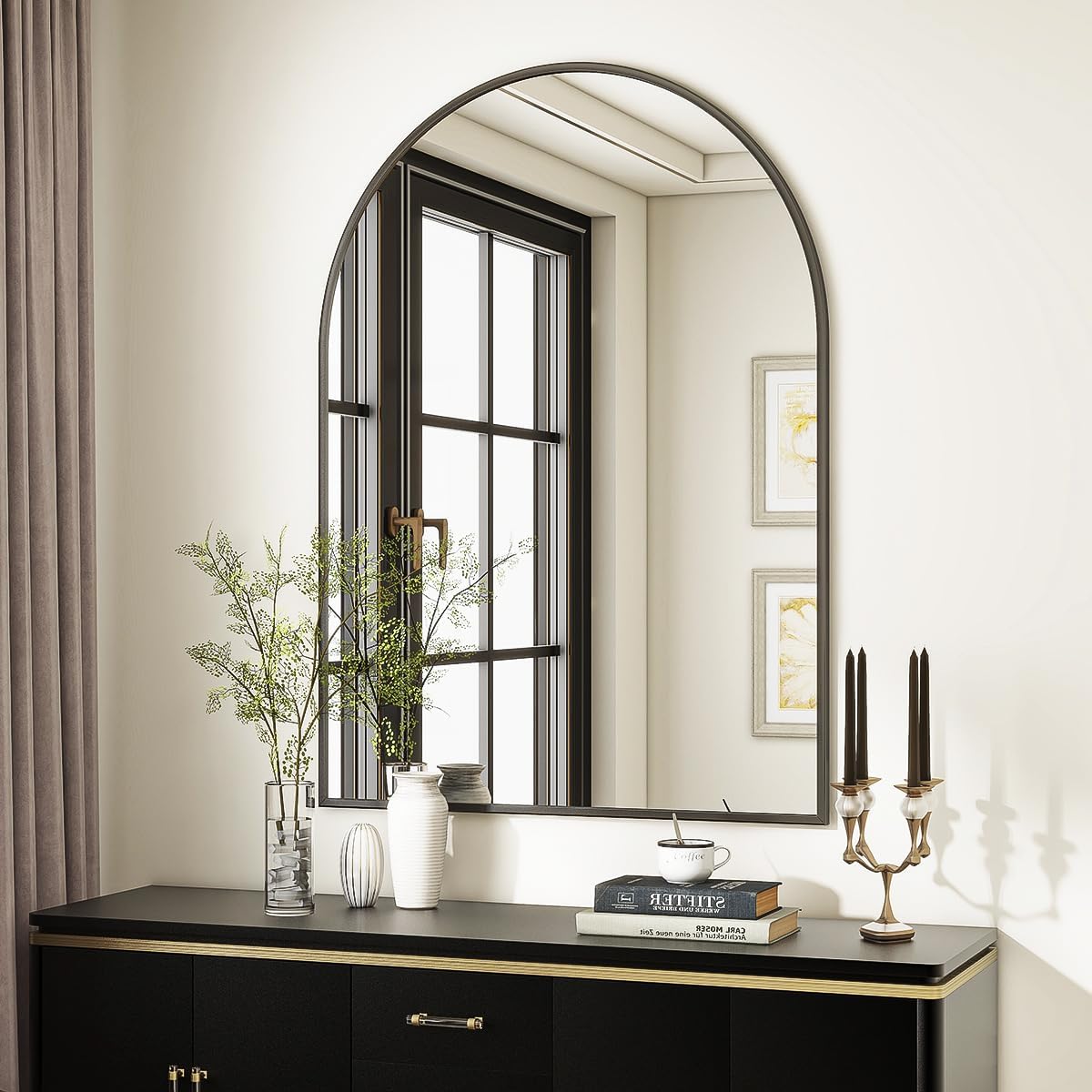 VooBang arch metal frame mirror brightens vanity area with tempered glass durability
