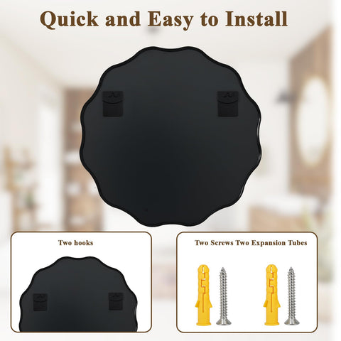 VooBang black scalloped circle mirror bathroom setup complements double vanities
