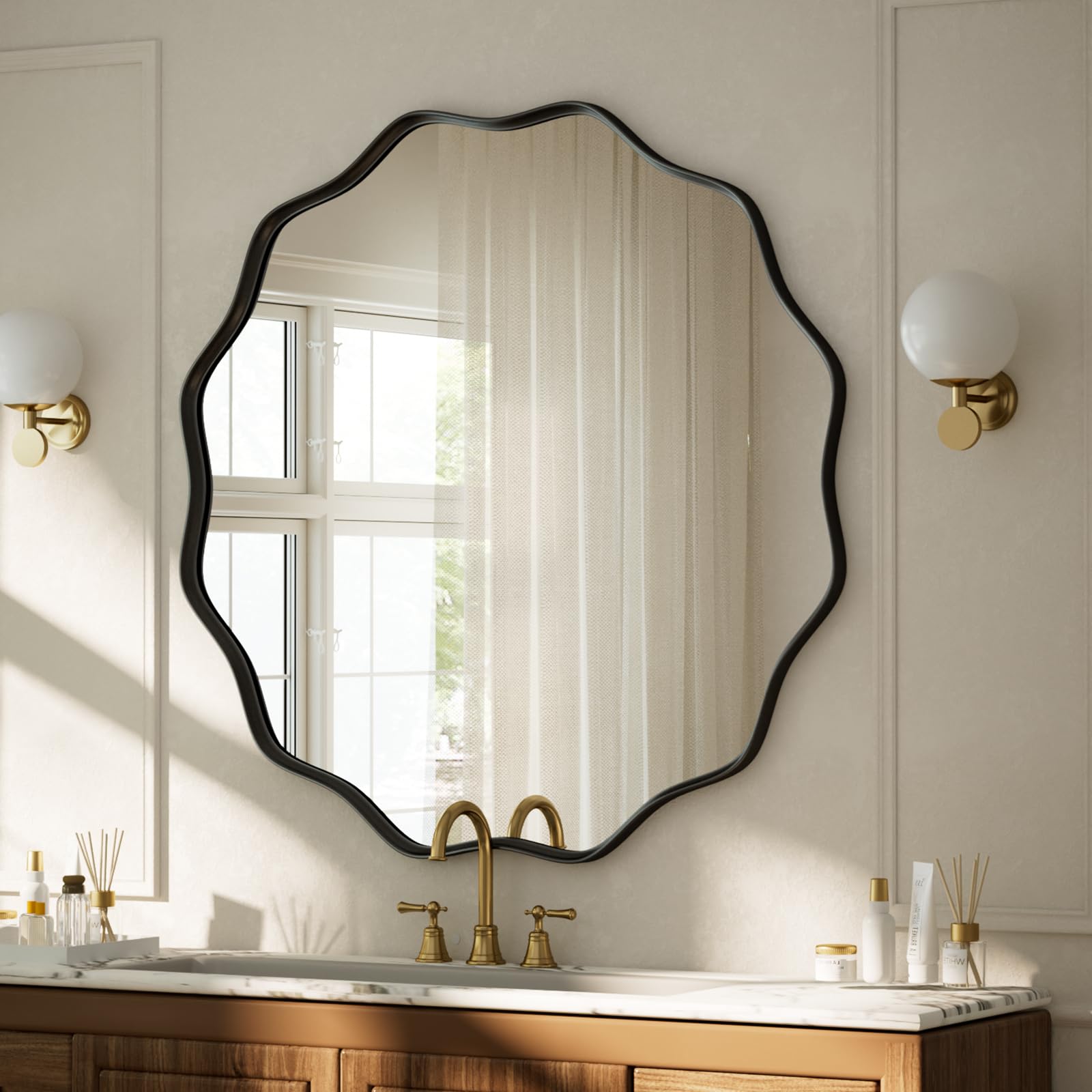VooBang black scalloped circle mirror living room setup enhances vintage-modern style