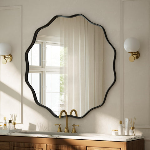 VooBang black scalloped circle mirror living room setup enhances vintage-modern style