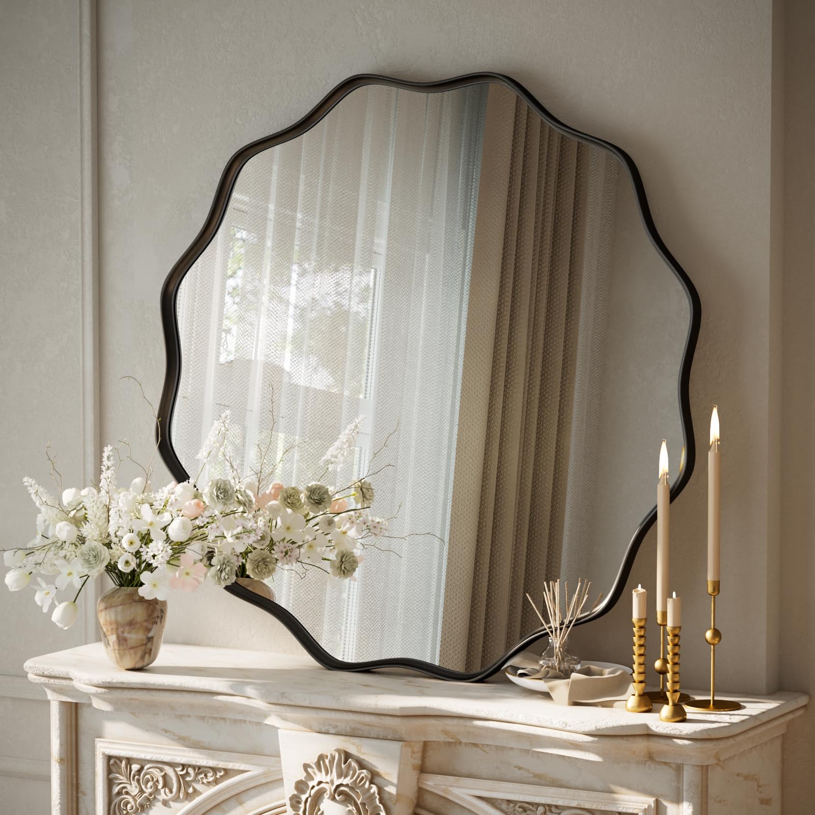 VooBang black scalloped circle mirror textured deep frame adds depth