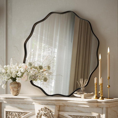 VooBang Black Scalloped Circle Mirror textured metal frame adds vintage charm