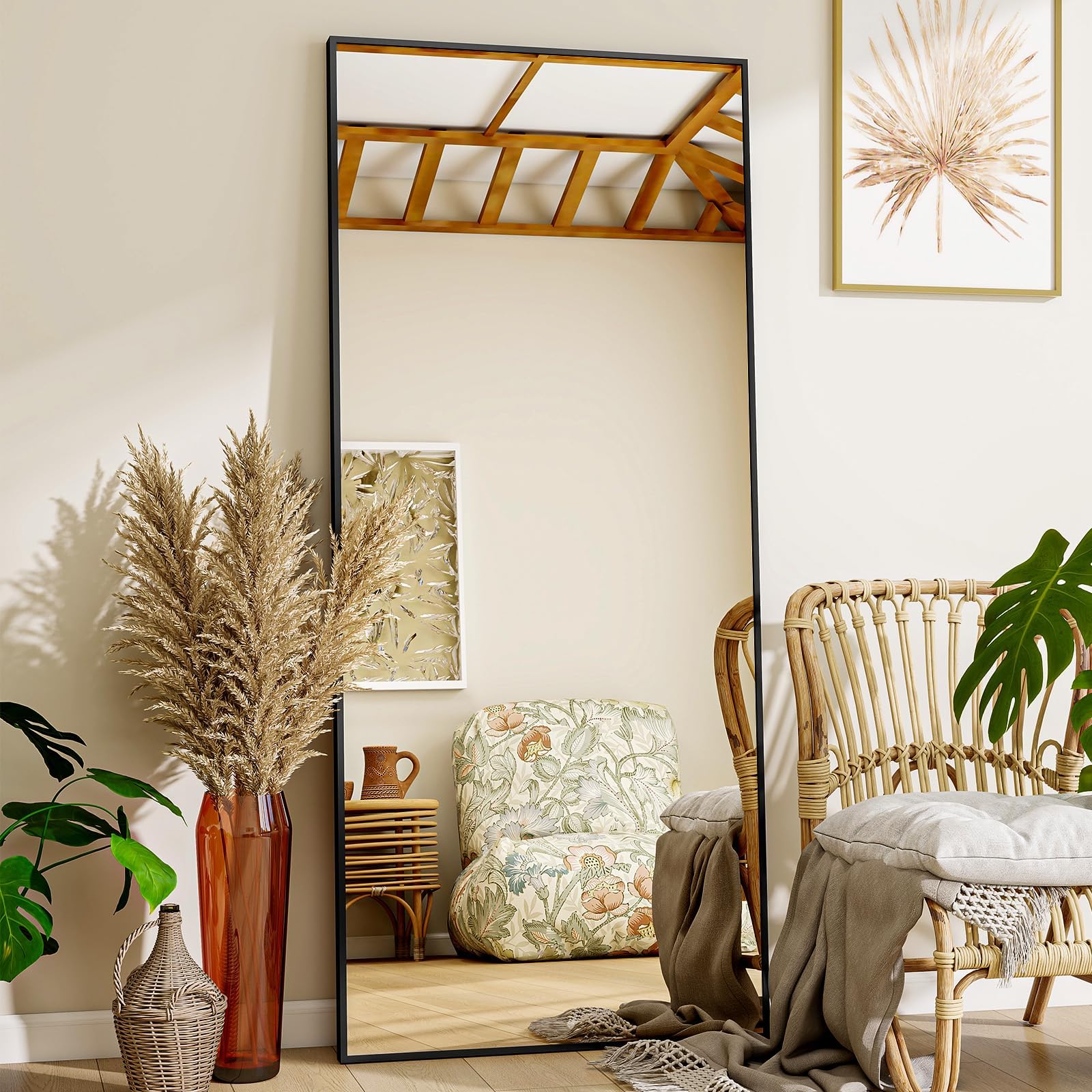 VooBang Full Length Mirror with black aluminum frame for a sleek, space-enhancing reflection.