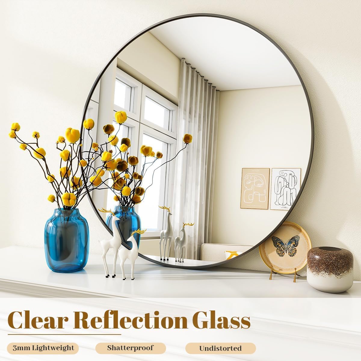 VooBang tempered-glass round mirror provides clear, safe reflection