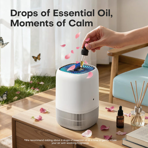 VOOPNU air purifier quiet operation image communicates 22 dB performance.