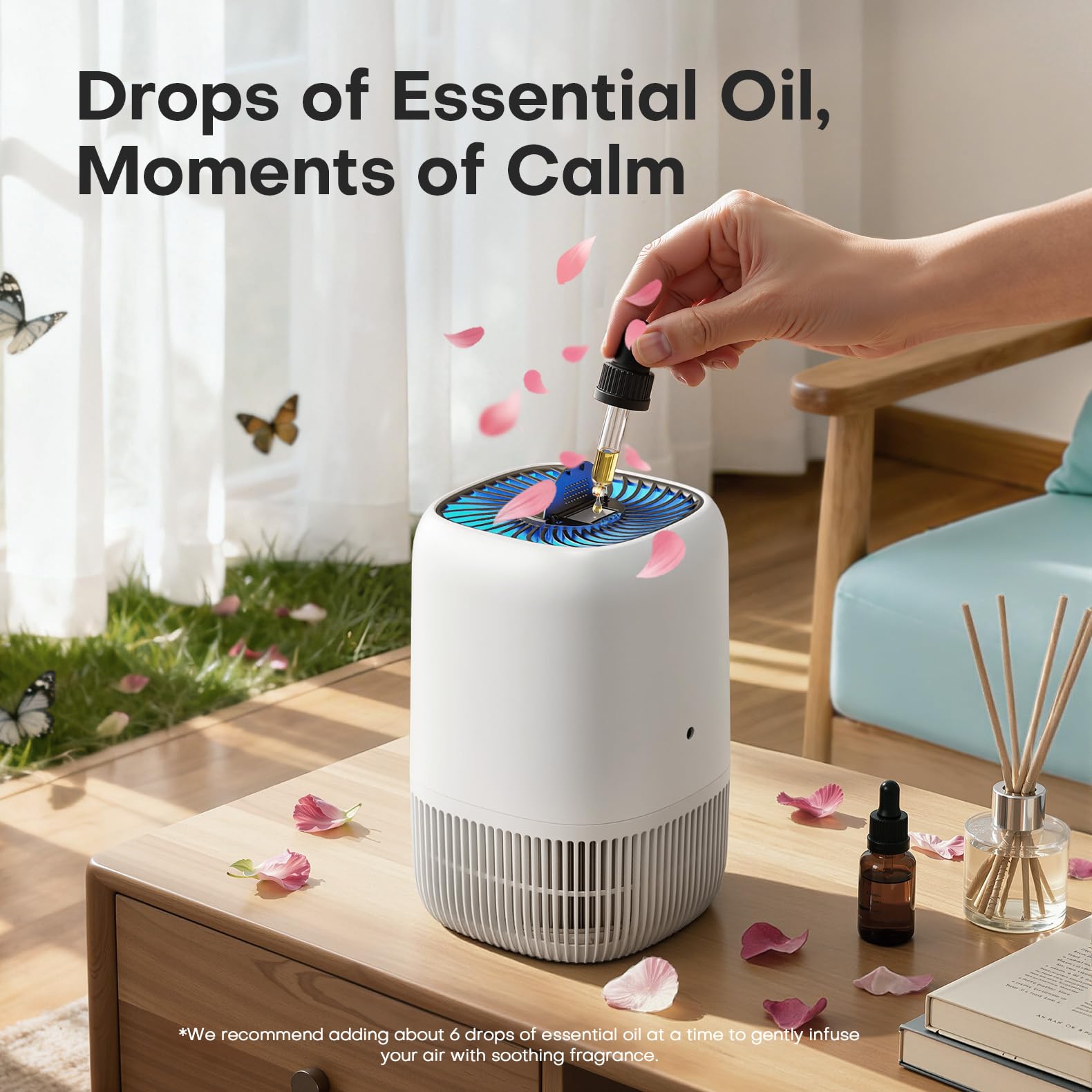 VOOPNU DH-JH12 white desktop in-use, dust and odor removal on demand.