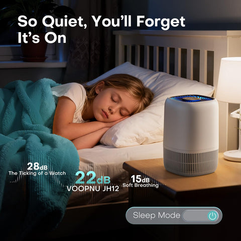 VOOPNU DH-JH12 white side view, whisper-quiet operation for bedrooms.