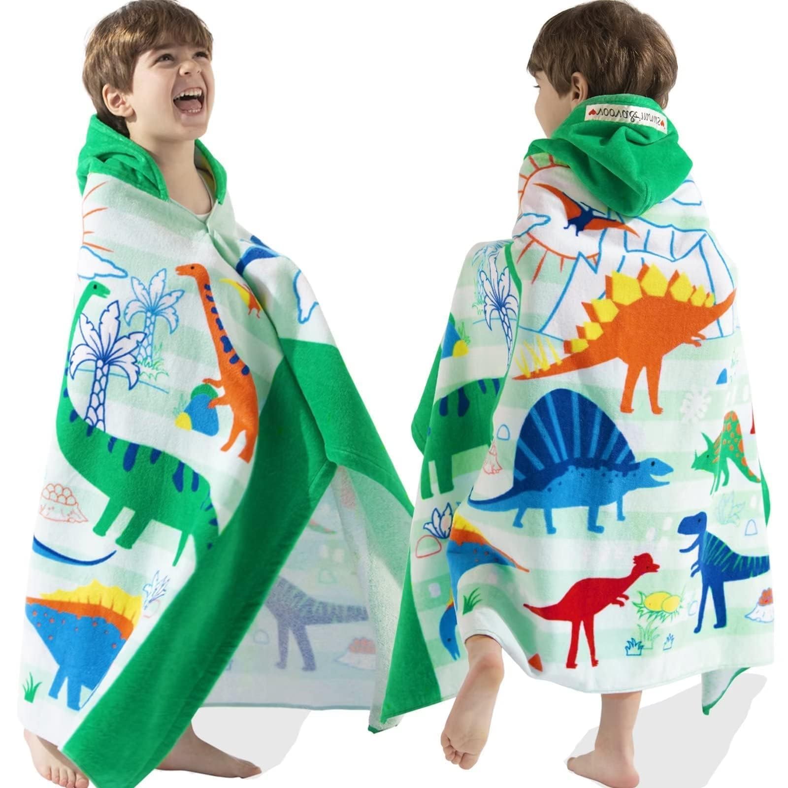 VOOVA & MOVAS dinosaur toddler hooded towel front view for playful drying