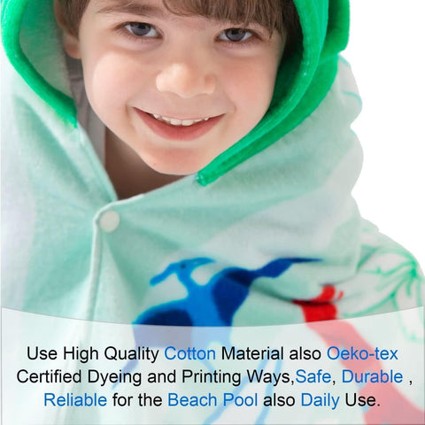 VOOVA & MOVAS dinosaur hooded towel worn as cape after bath