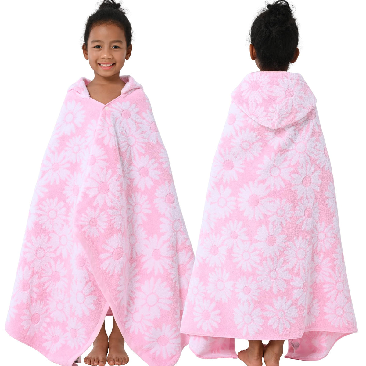 VOOVA & MOVAS hooded towel pink daisy pattern keeps kids cozy after baths.