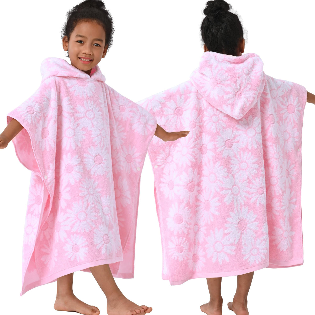 VOOVA & MOVAS thick hooded poncho in pink, white daisy jacquard pattern ideal after bath for kids.