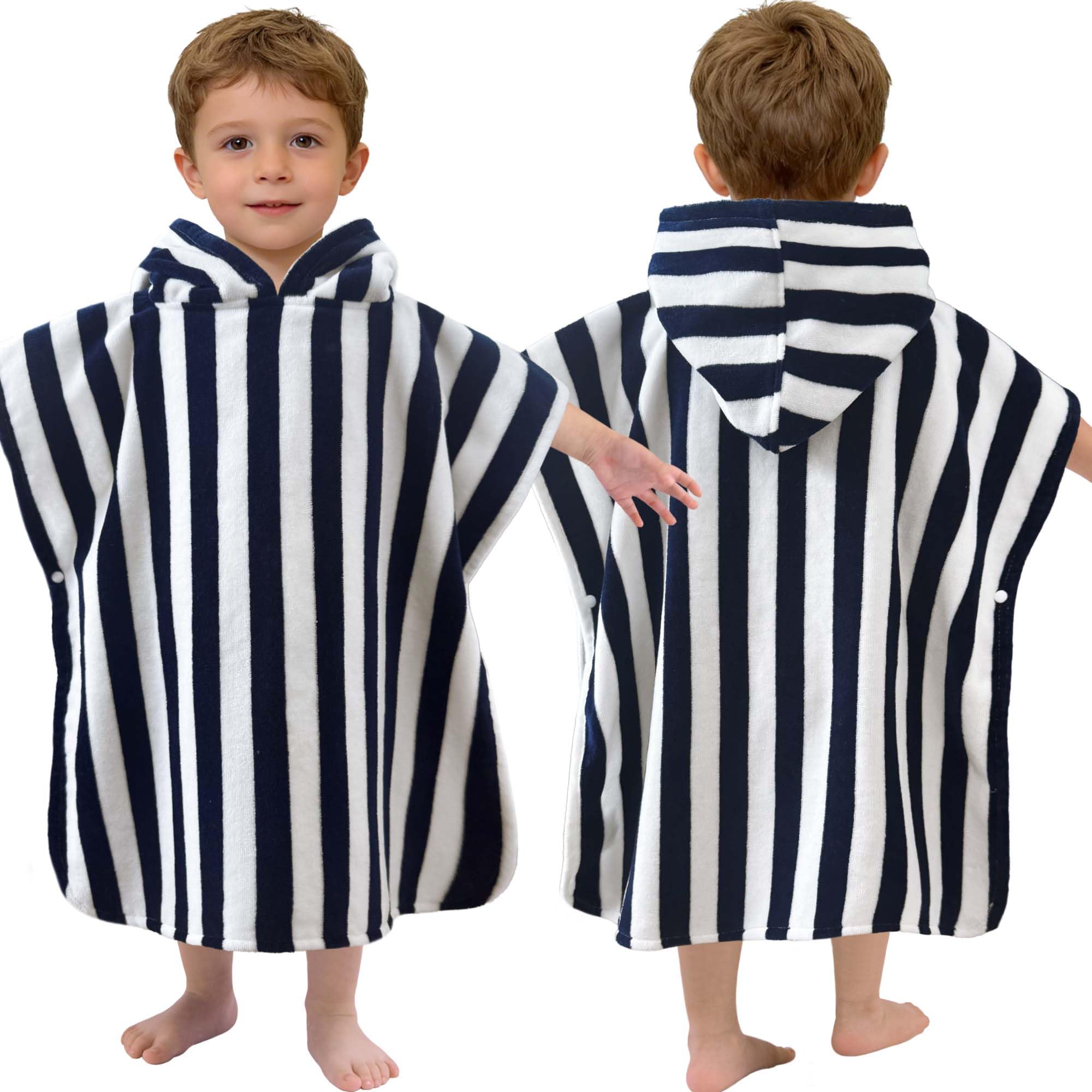 VOOVA & MOVAS toddler hooded poncho towel navy stripe for cozy post-bath warmth.