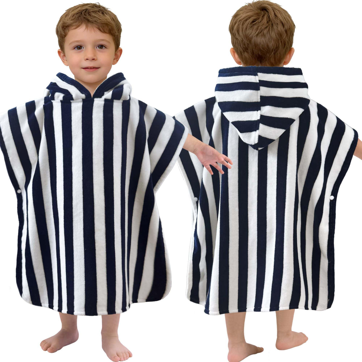 VOOVA & MOVAS toddler hooded poncho towel navy stripe for cozy post-bath warmth.