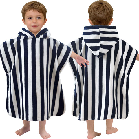 VOOVA & MOVAS toddler hooded poncho towel navy stripe for cozy post-bath warmth.