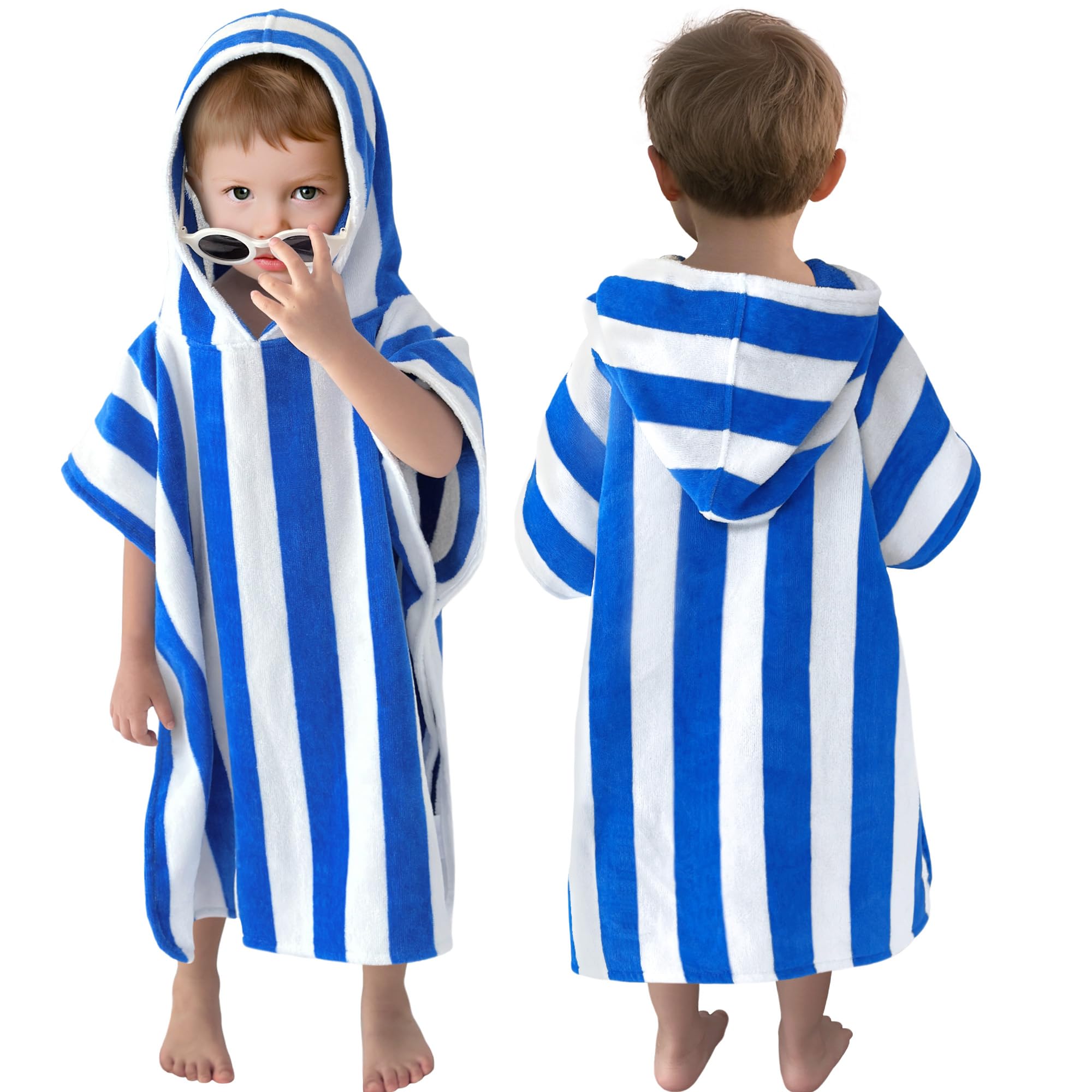 VOOVA & MOVAS toddler poncho towel in blue stripe, soft cotton for quick drying after bath.