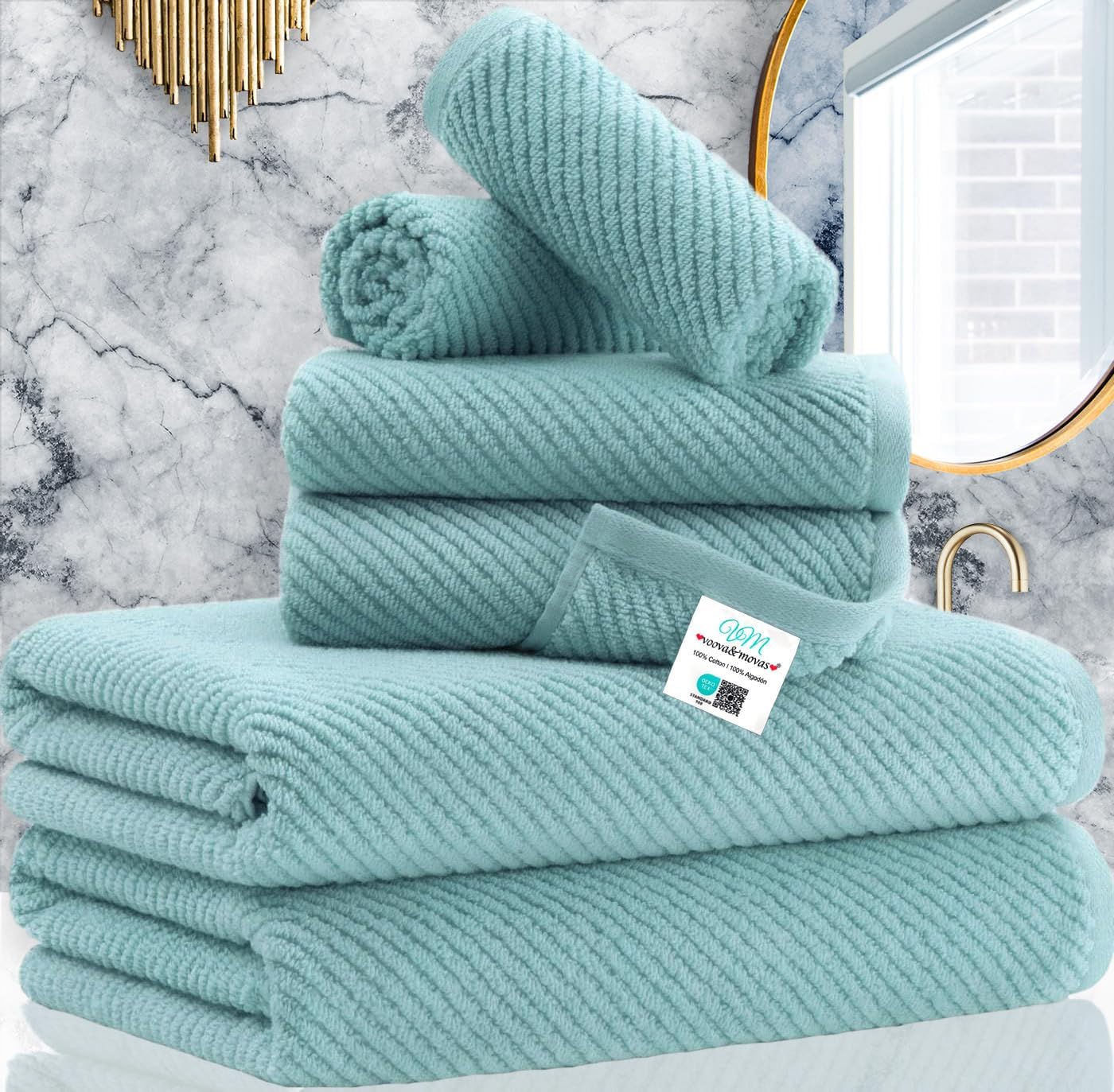 VOOVA & MOVAS six-piece towel set shown in aqua teal for daily bathroom use.