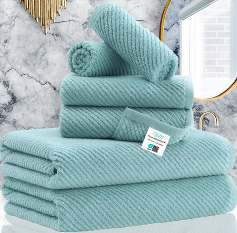 VOOVA & MOVAS six-piece towel set shown in aqua teal for daily bathroom use.