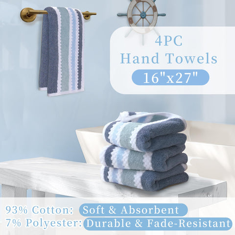 Blue-gray stripe pattern on VOOVA & MOVAS waffles, adding coastal bath decor.