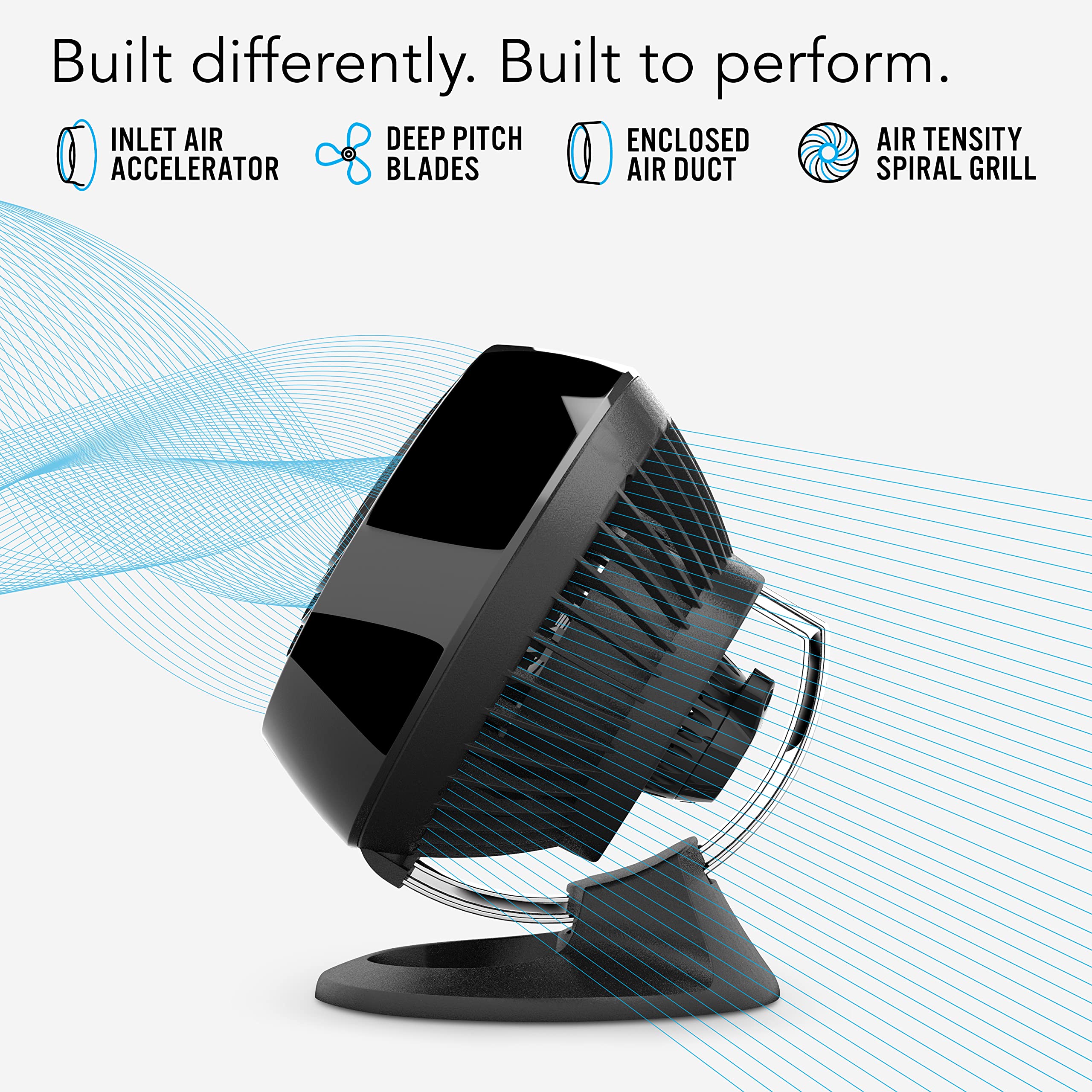 Vornado 160 chrome glide bar enables precise air direction for comfort.