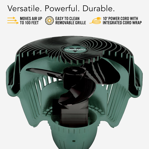 Vornado 293 3-speed dust-resistant motor enables adaptable cooling on site.